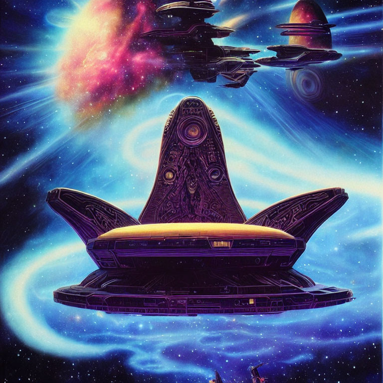 Futuristic alien spacecraft in space surrounded by planets & nebulae