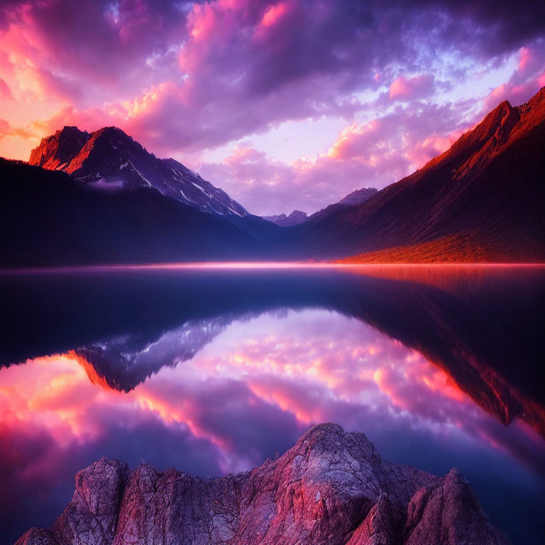 Scenic sunset over serene lake with silhouetted mountains