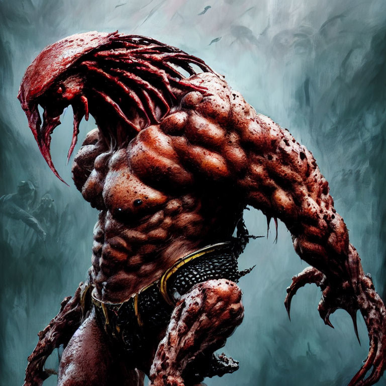 Menacing Predator with dreadlocks, distinctive armor, and muscular build in misty setting