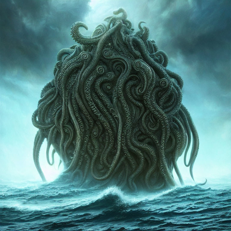 Monstrous tentacled sea creature under stormy sky