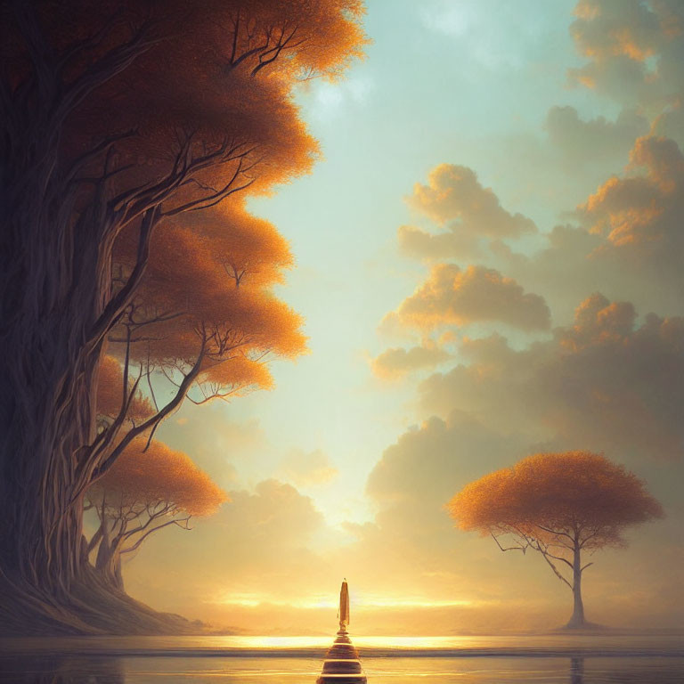 Tranquil landscape with large tree, figure on jetty, golden-lit sky