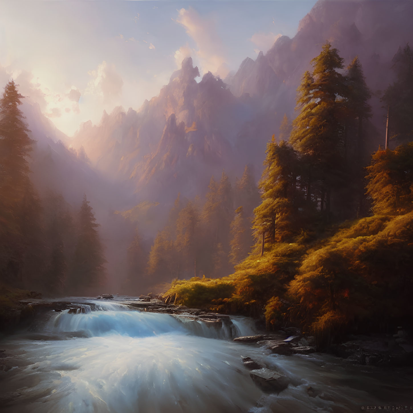 Tranquil river cascade in misty autumn forest landscape