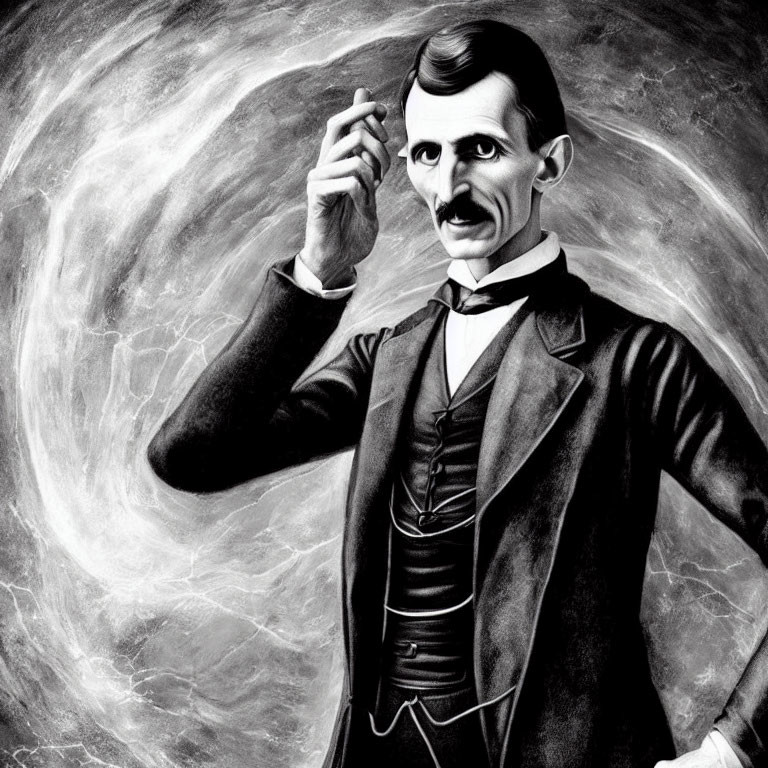 Monochrome illustration of a mustached man in a suit against galactic backdrop