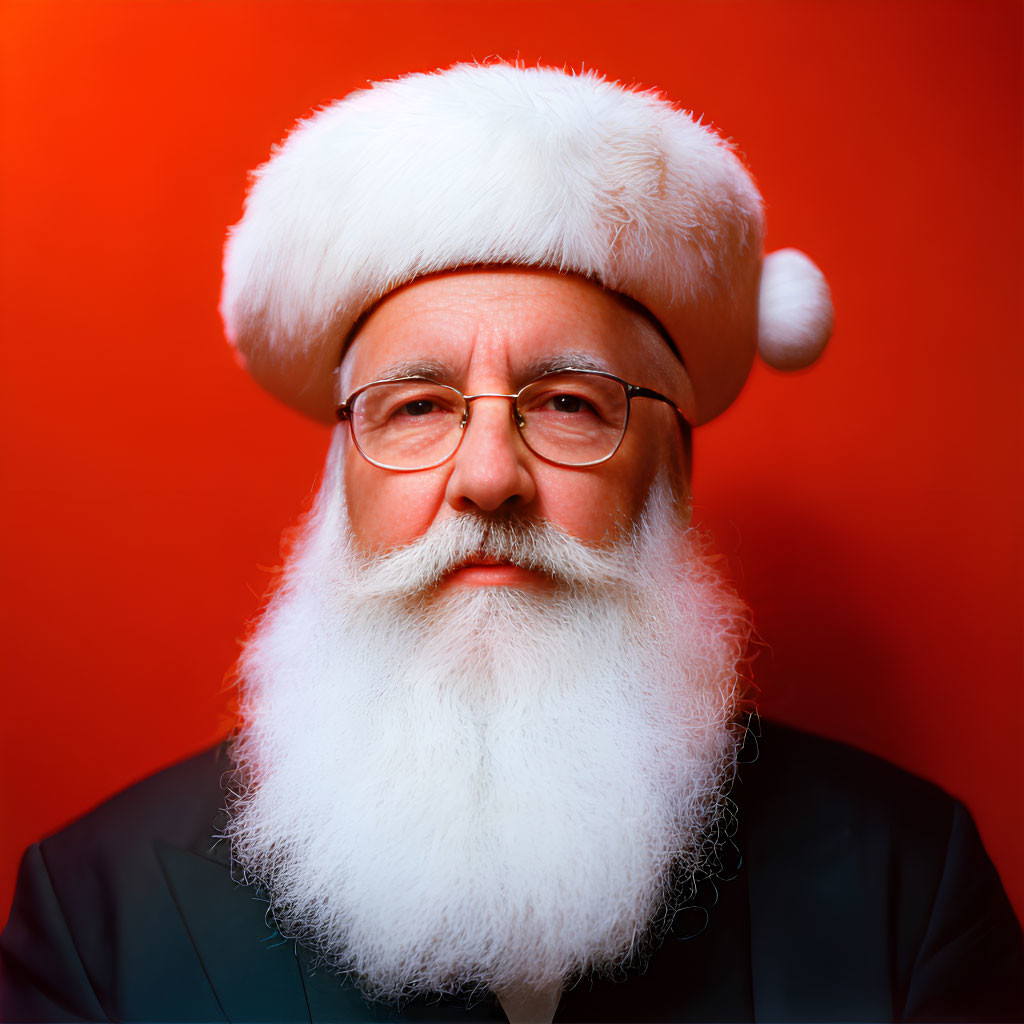 White-bearded man in Santa hat, glasses, serious expression on red background