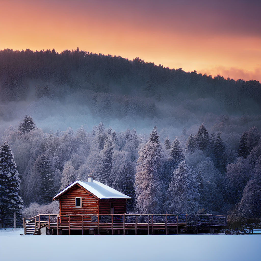 Wooden cabin with deck in snow-covered forest at sunset