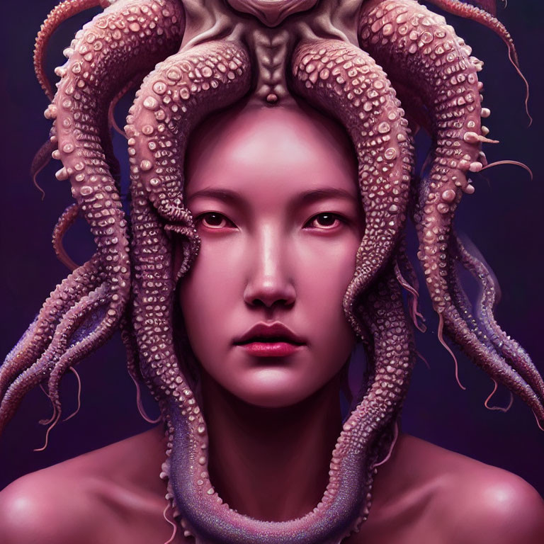 Woman with Octopus on Head, Purple Background