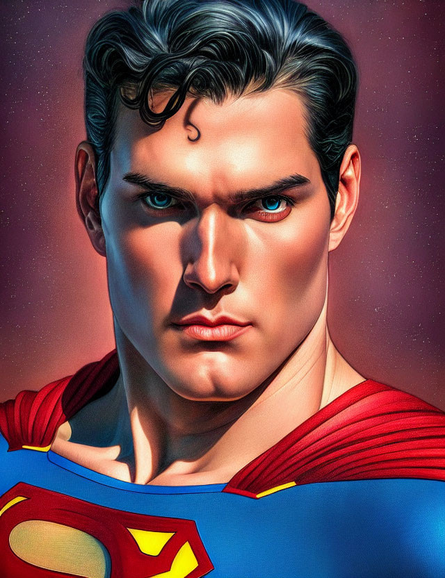 Superman illustration: blue-eyed, dark-haired hero in red cape and blue suit with 'S'