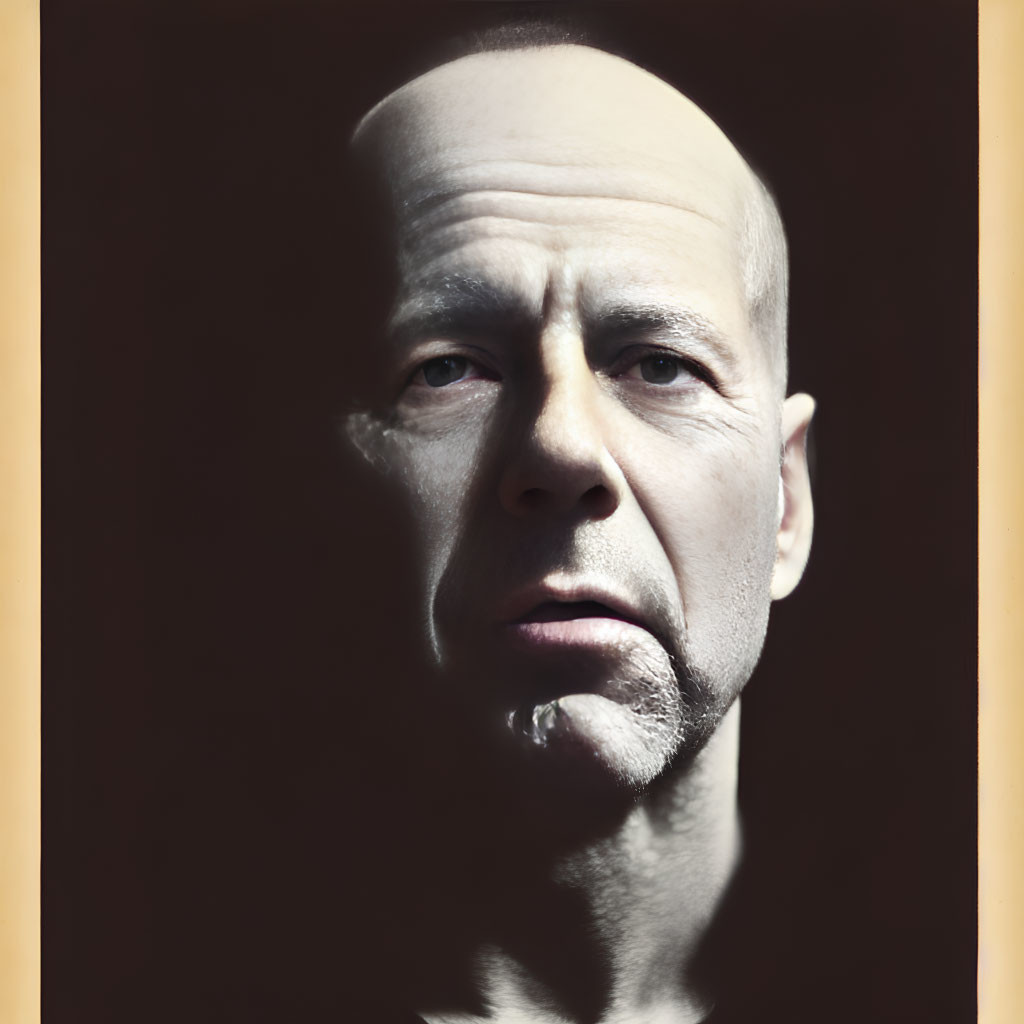 Hyperrealistic 3D model of bald man's head in dramatic lighting