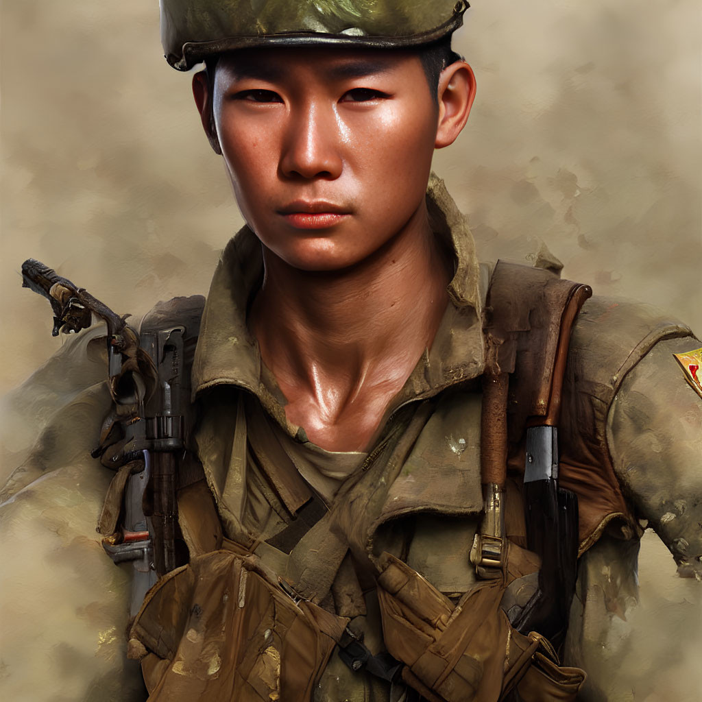 Serious Soldier Portrait in Military Attire with Rifle