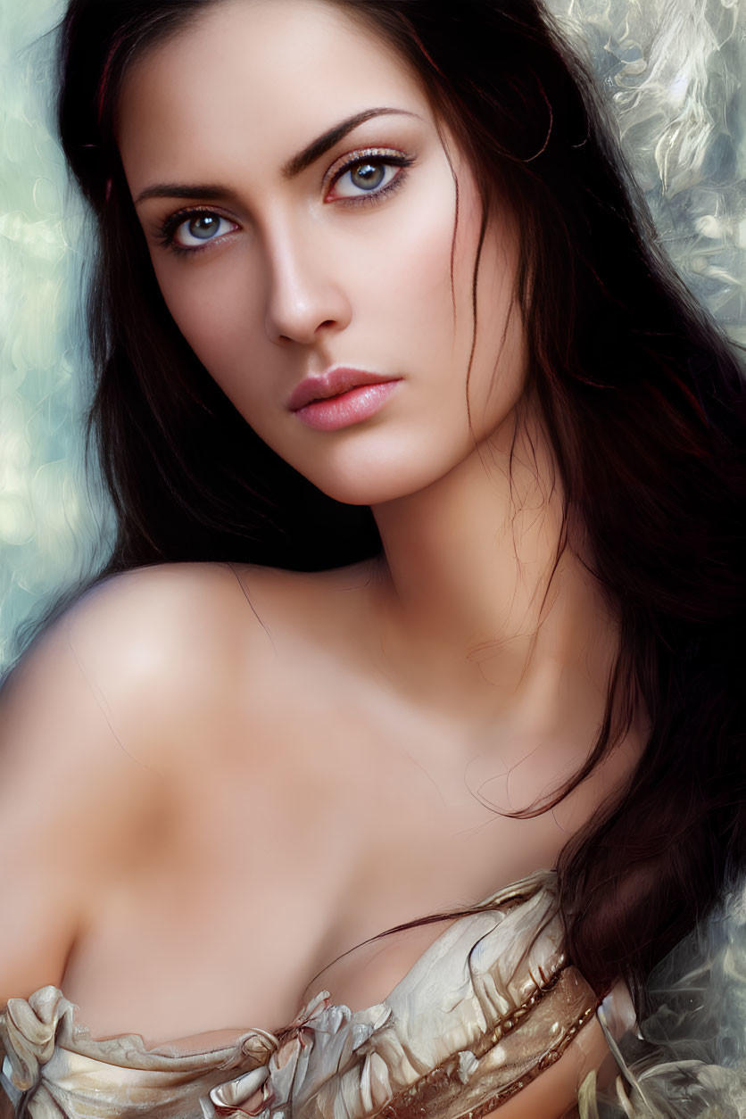 Close-Up Portrait of Woman with Striking Blue Eyes and Dark Hair