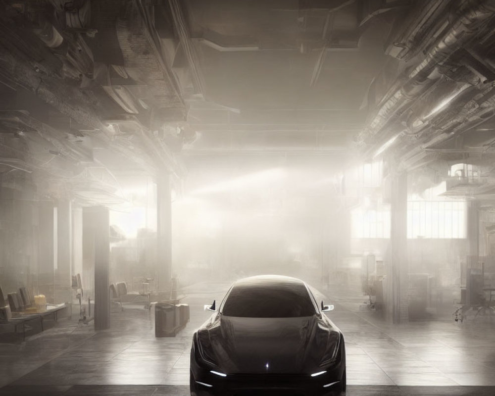 Black Car Parked in Sunlit Industrial Warehouse with Beams of Light