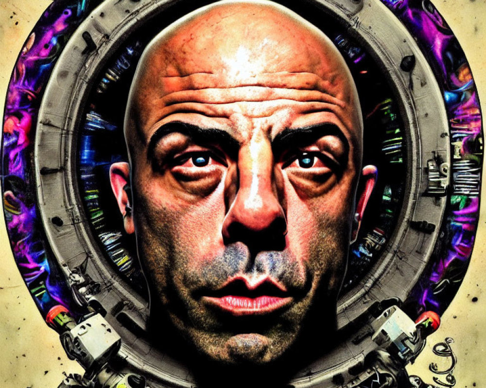 Stylized bald man with intense gaze in vibrant mechanical frame