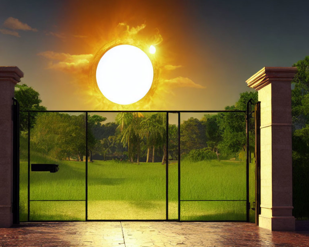 Vivid sunset behind open gate in lush green landscape