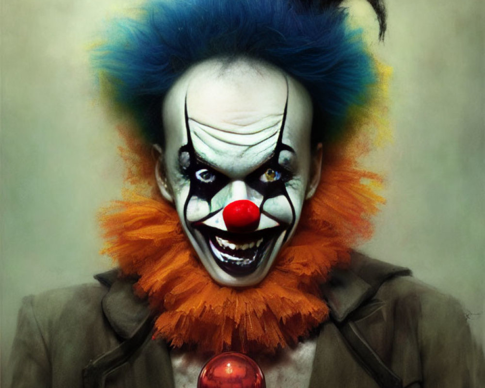 Menacing clown with blue mohawk and red nose, holding red ball