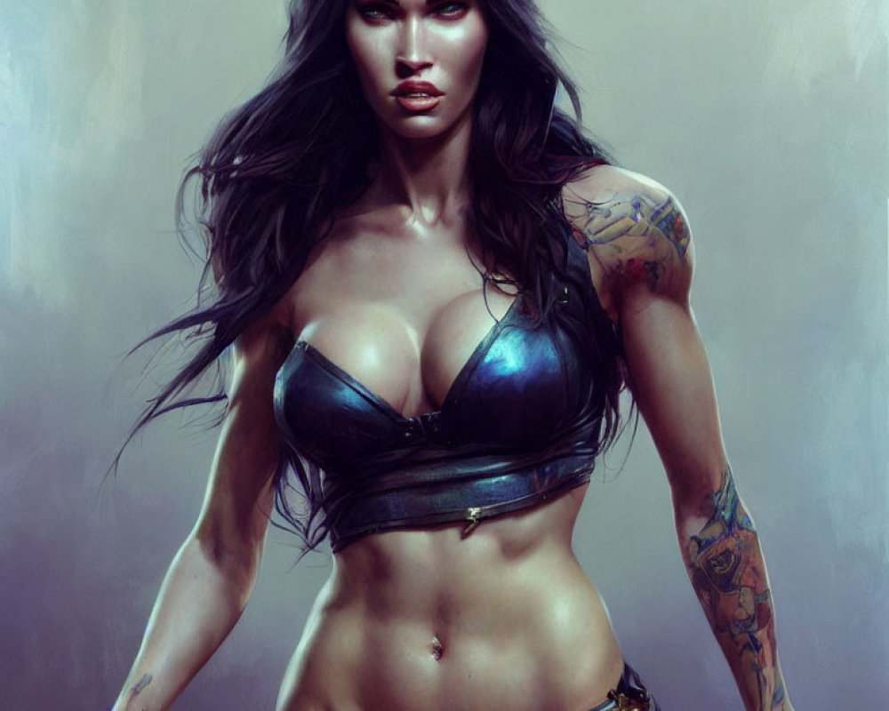 Illustration of a dark-haired woman with tattoos in a cropped top.