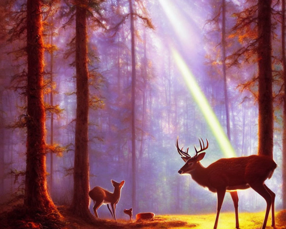 Majestic stag and doe in mystical forest with sunbeams filtering through tall trees