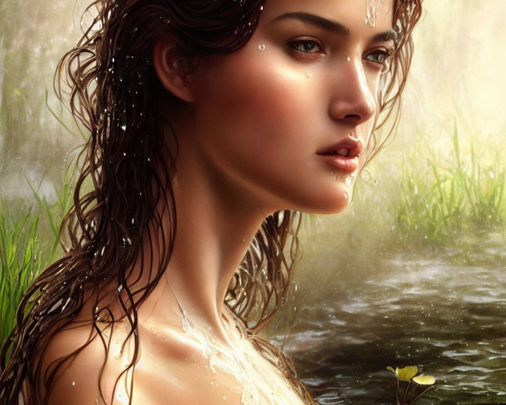 Tranquil woman with wet hair in nature by water