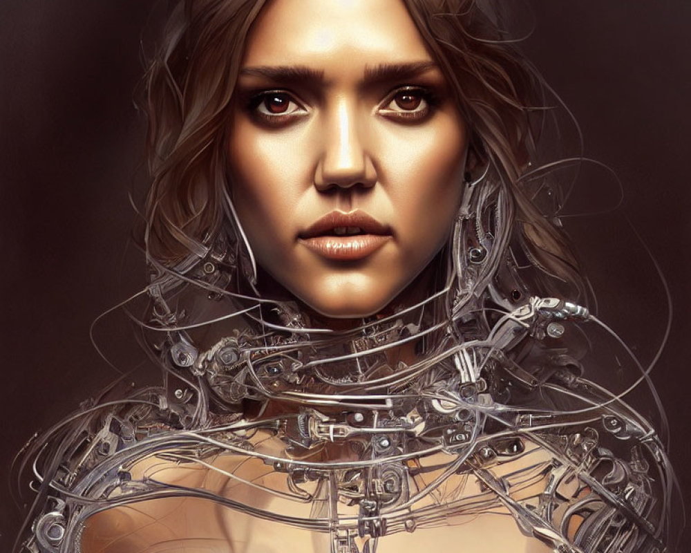 Digital artwork: Female figure with mechanical neck on brown background