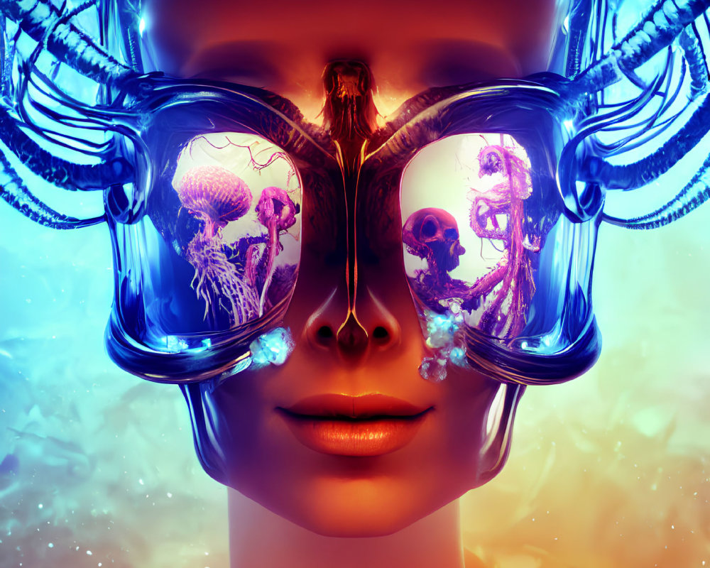 Surreal portrait featuring oversized glasses with jellyfish and seahorses.