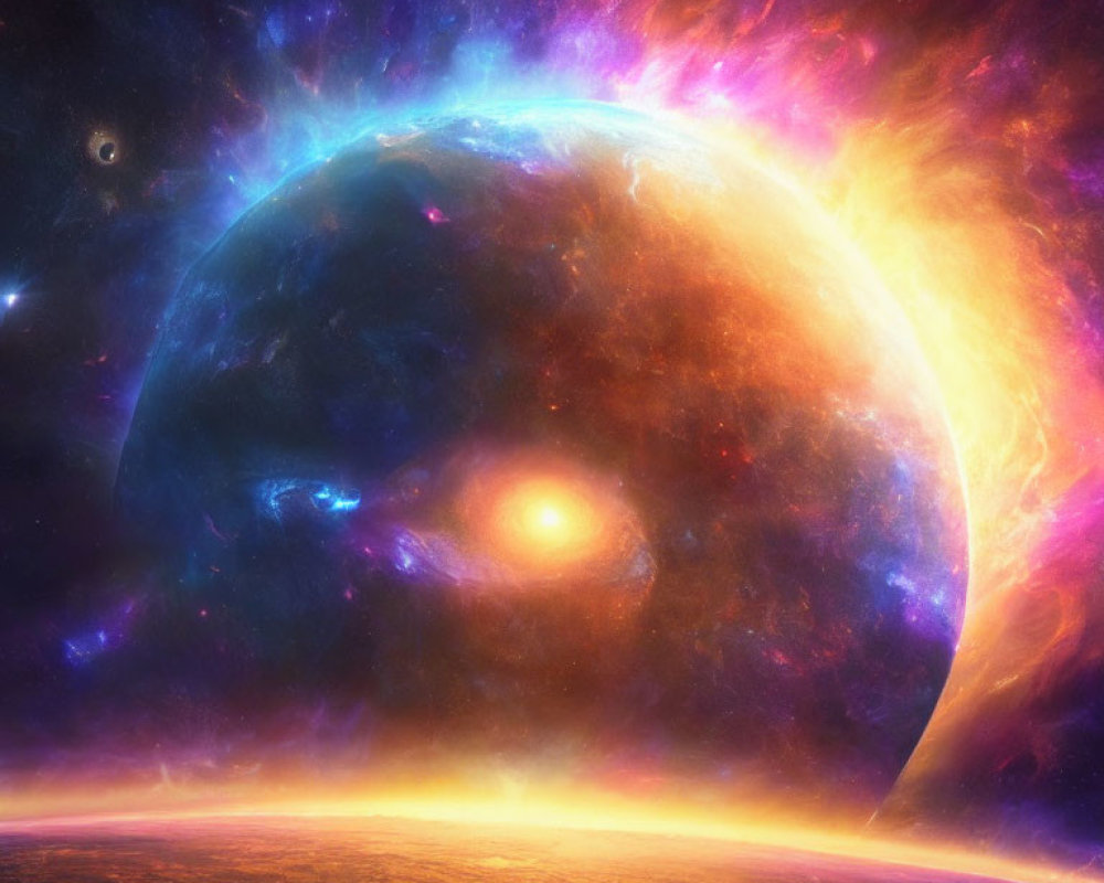 Colorful space scene with large planet and glowing horizon against cosmic backdrop