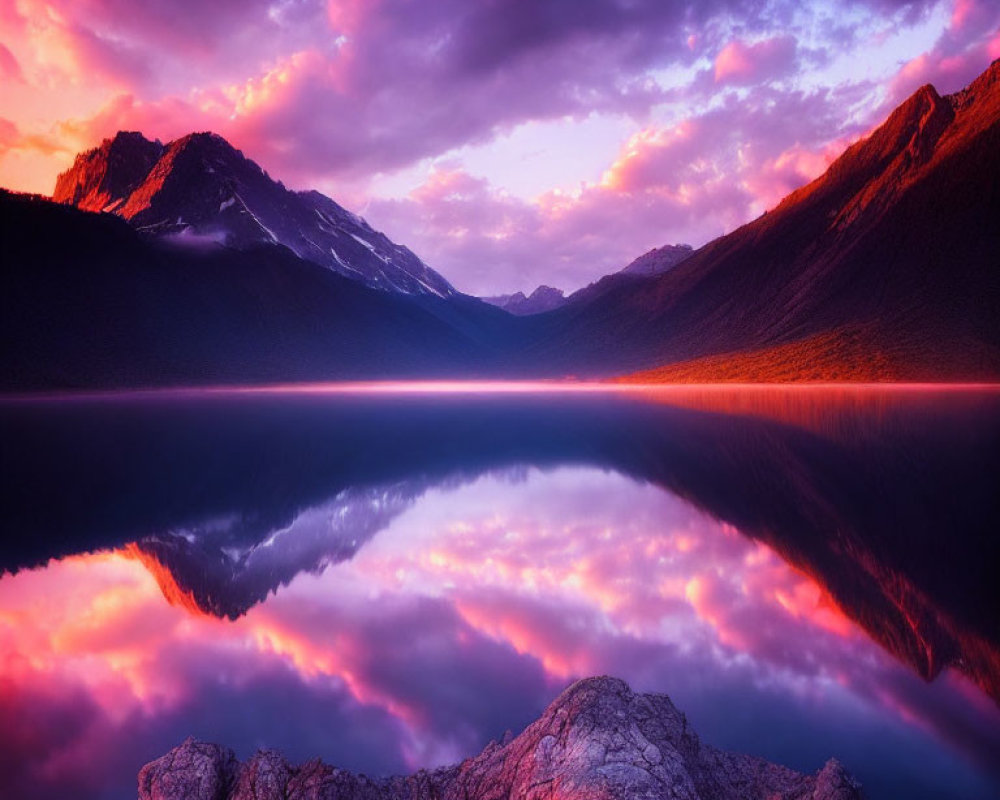 Scenic sunset over serene lake with silhouetted mountains