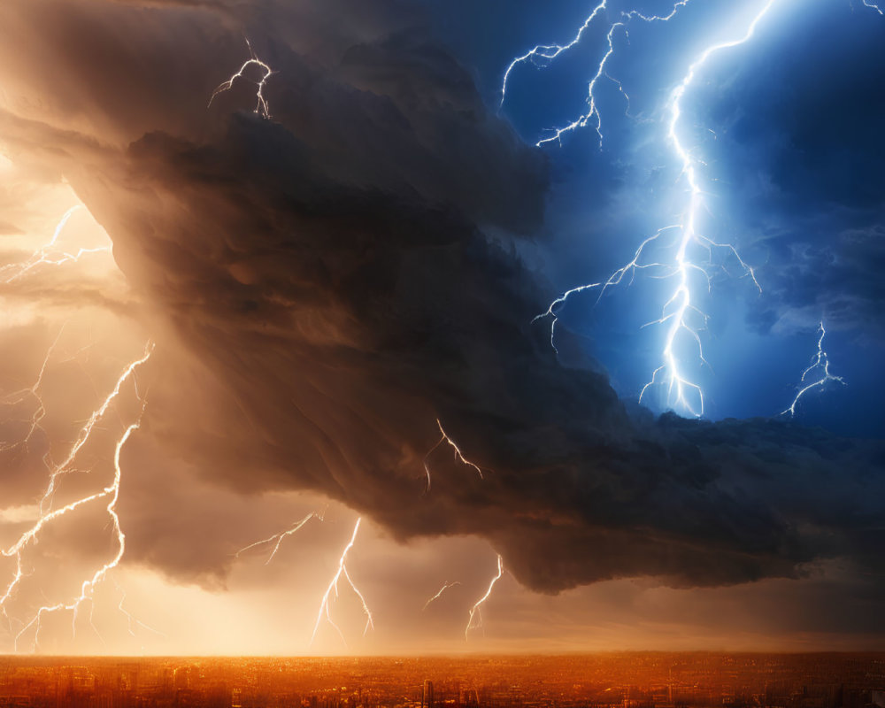 Cityscape under tumultuous sky with lightning strikes illuminating clouds