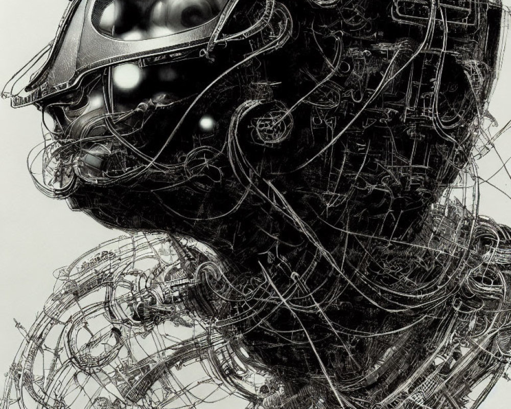 Intricate Mechanical Head with Dark Goggles in Sketch-Like Style