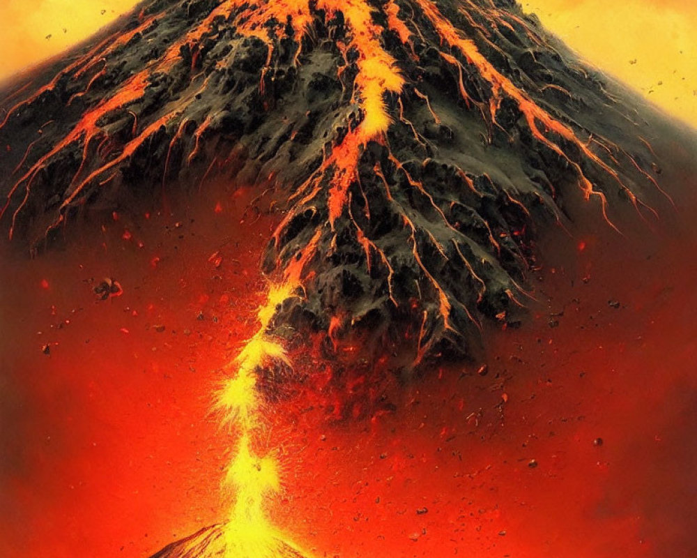 Volcano Eruption with Flowing Lava Streams and Glowing Sky