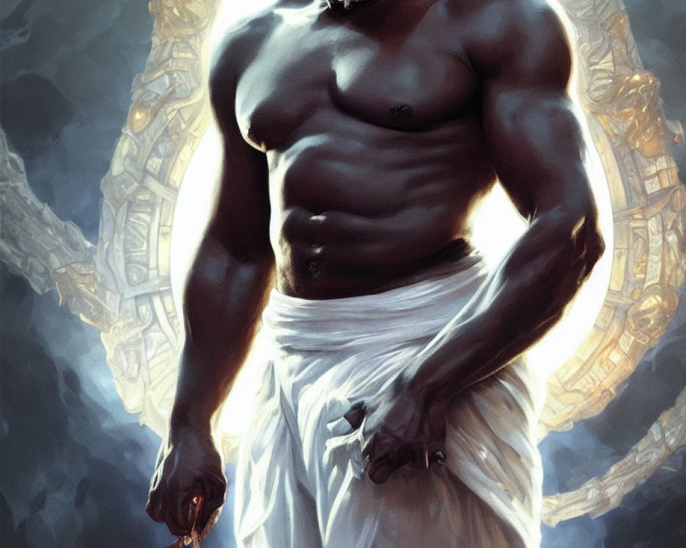 Muscular man in white fabric with glowing mystical symbol.