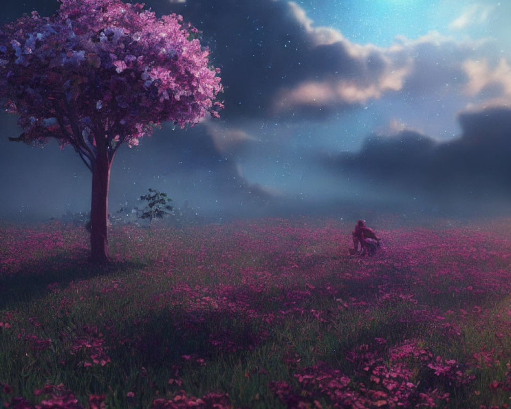 Solitary Tree with Pink Blossoms in Flower-Strewn Field at Night