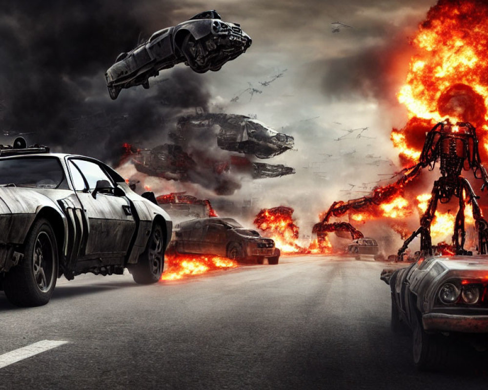 Apocalyptic artwork with cars, robotic figure, explosions, and floating vehicles.