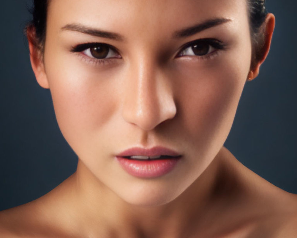 Portrait of woman with subtle smile, bare shoulders, dark eyes, sleek hair pulled back