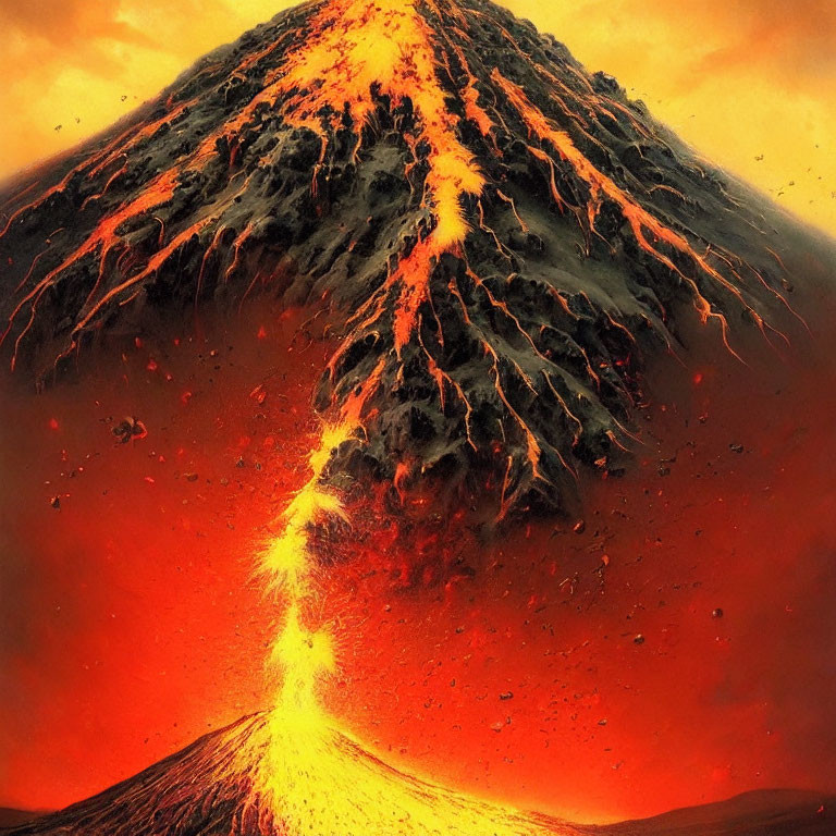 Volcano Eruption with Flowing Lava Streams and Glowing Sky