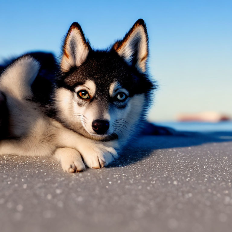 Adorable Husky Puppy with Striking Blue Eyes on Sandy Surface