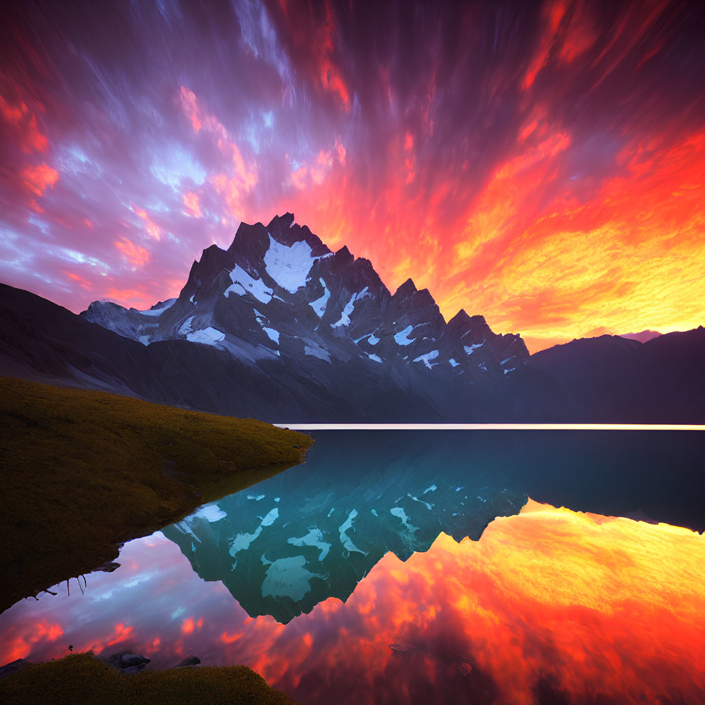 Scenic sunset with fiery clouds over mountain range and serene lake.