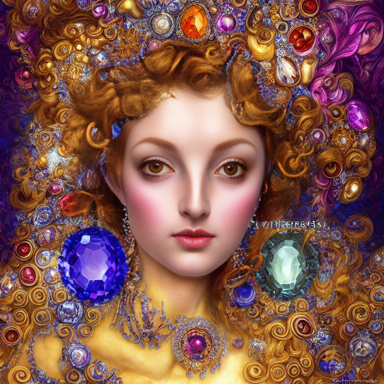 Digital artwork of woman with golden curls and gemstones