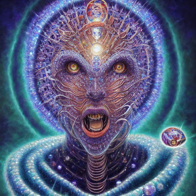 Cosmic-themed digital artwork with otherworldly face and multiple eyes.