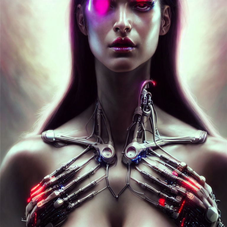 Female cyborg with exposed mechanical parts and purple eyes on soft-lit background