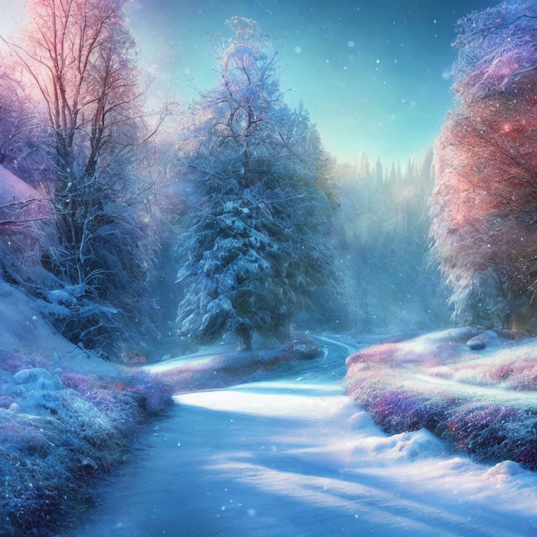 Snowy Path Through Vibrant Winter Trees at Sunrise or Sunset