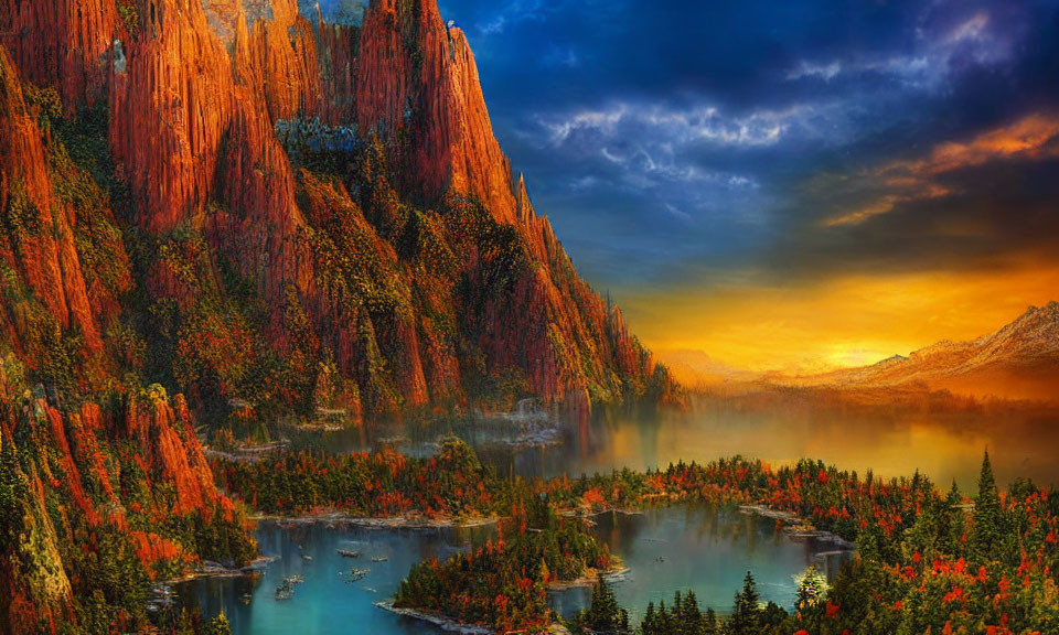 Scenic sunset over misty forested valley with red cliffs & river