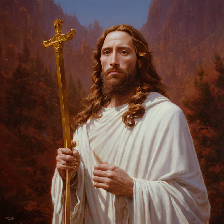 Man with Long Hair and Beard in White Robe Holding Golden Cross Staff in Forest Setting