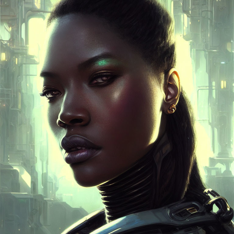 Vibrant green eyeshadow on woman in digital portrait against futuristic cityscape