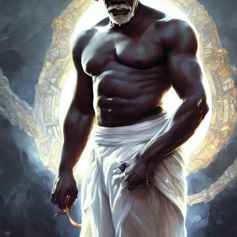 Muscular man in white fabric with glowing mystical symbol.