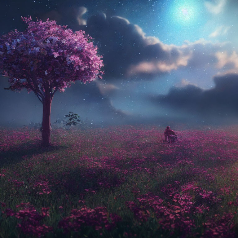 Solitary Tree with Pink Blossoms in Flower-Strewn Field at Night