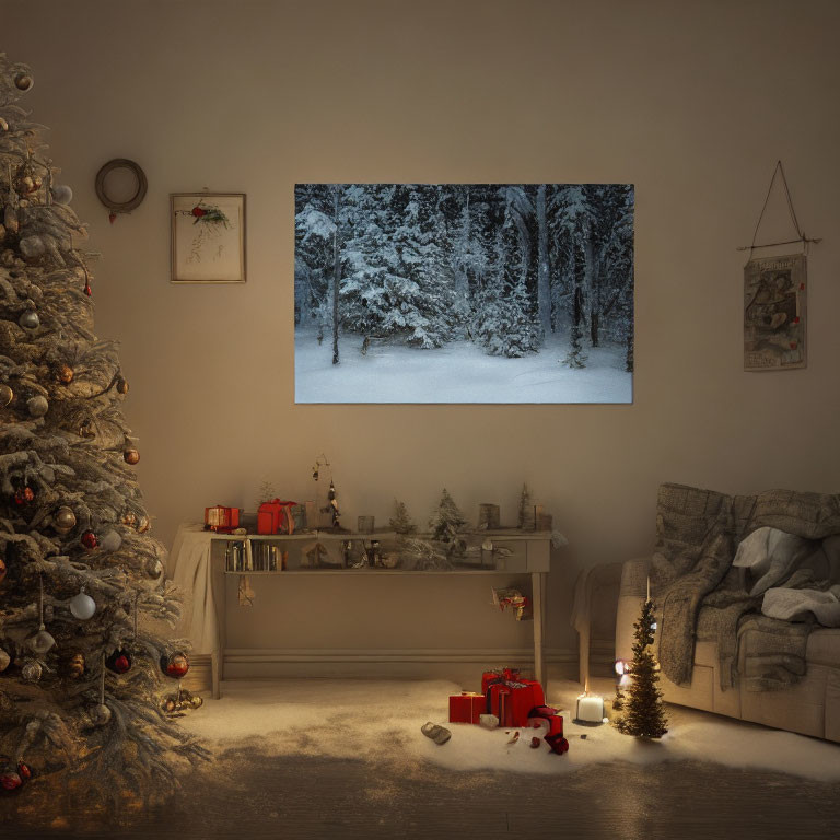 Festive room decor with Christmas tree, gifts, fireplace, snowy forest TV backdrop, and warm