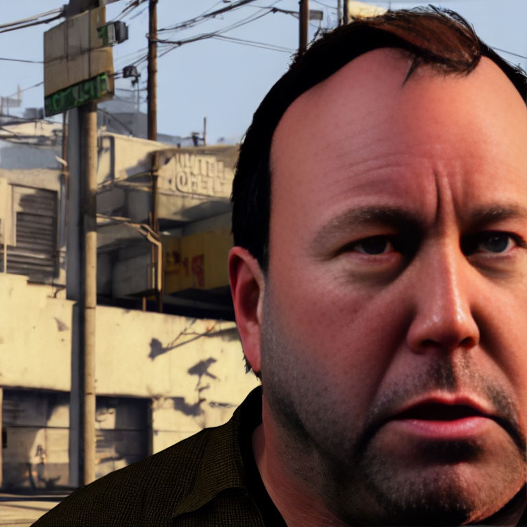 Man with concerned expression in dark shirt, urban street signs background