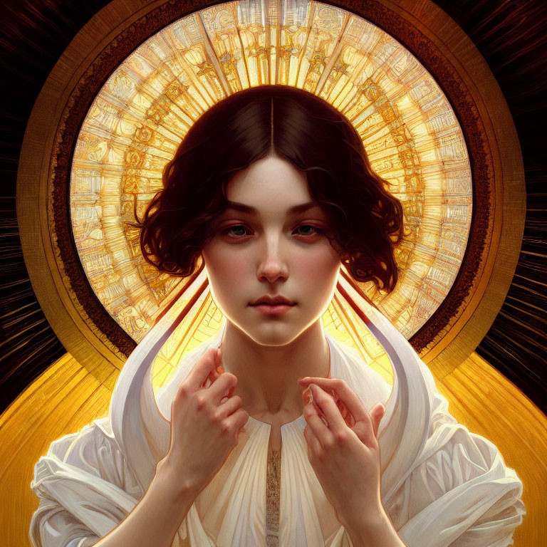 Woman's portrait with stained glass halo and golden background.