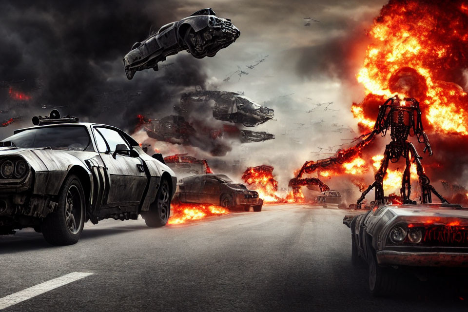 Apocalyptic artwork with cars, robotic figure, explosions, and floating vehicles.