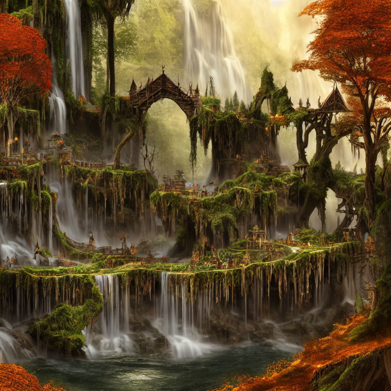 Fantasy landscape with waterfalls, bridge, cliffs, and autumn trees