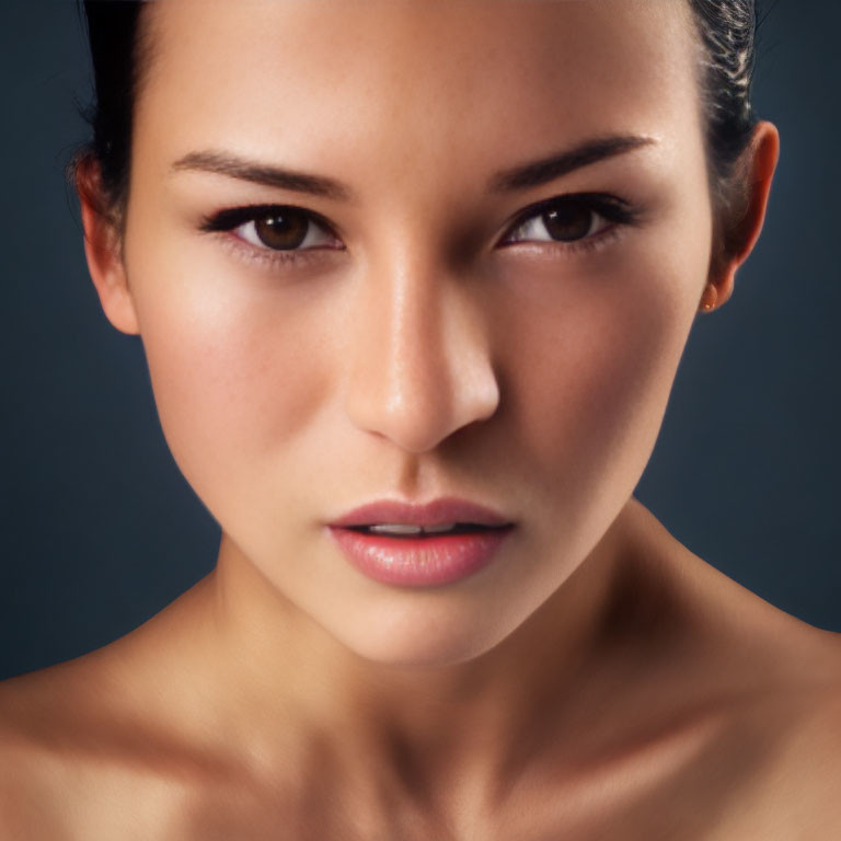 Portrait of woman with subtle smile, bare shoulders, dark eyes, sleek hair pulled back